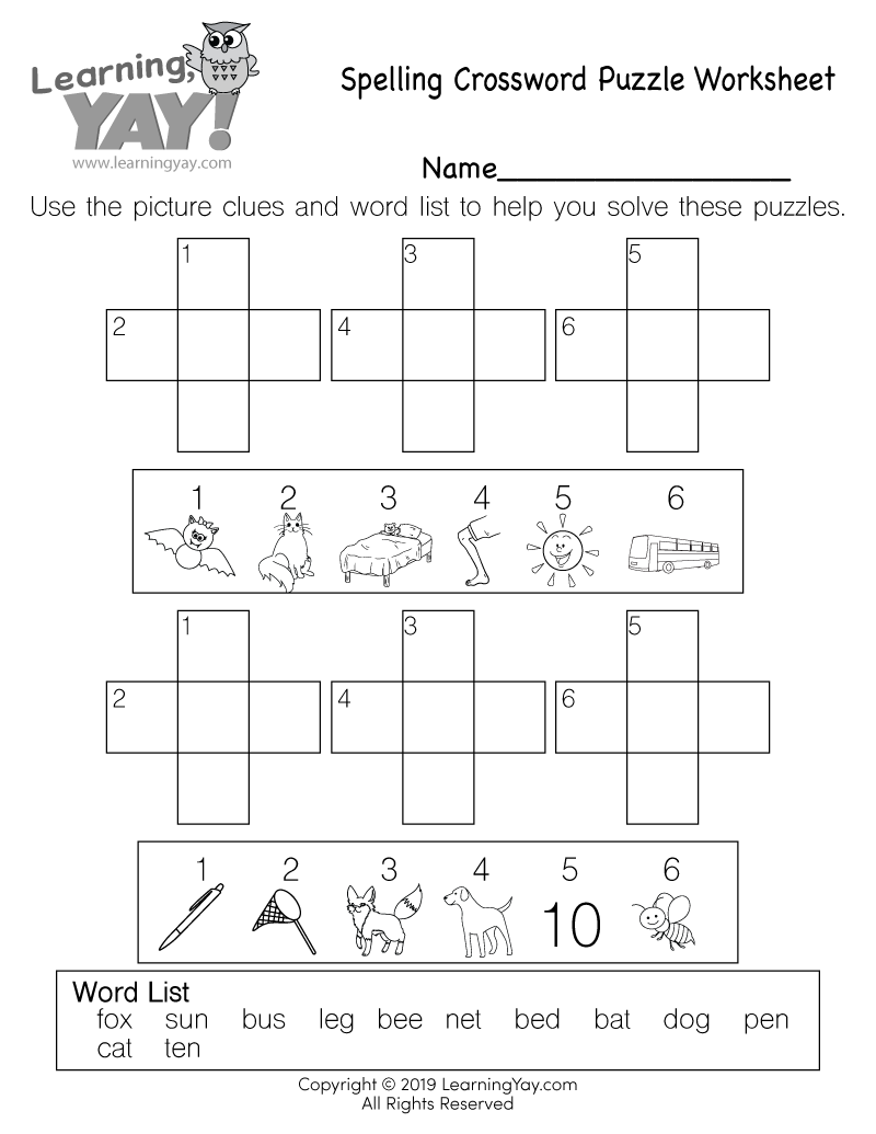 Spelling Crossword Puzzle Worksheet