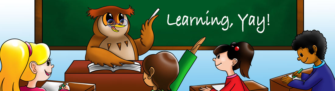 Owl mascot teaching students in front of a blackboard that says Learning, Yay!