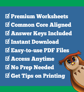 premium worksheets details: Common Core aligned, answer keys, instant download, PDF files, access anytime, no prep needed, tips on printing