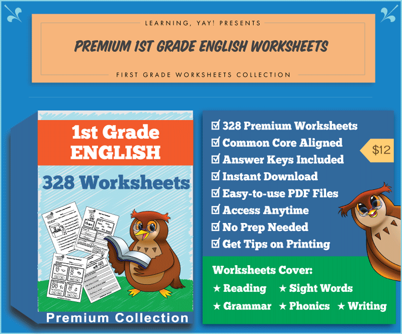 Premium 1st Grade English Worksheets Collection covers reading, writing, phonics, grammar, and sight words.