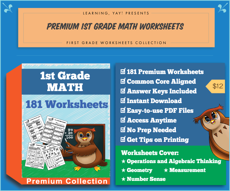 Premium 1st Grade Math Worksheets Collection covers number sense, operations and algebraic thinking, measurement, and geometry.