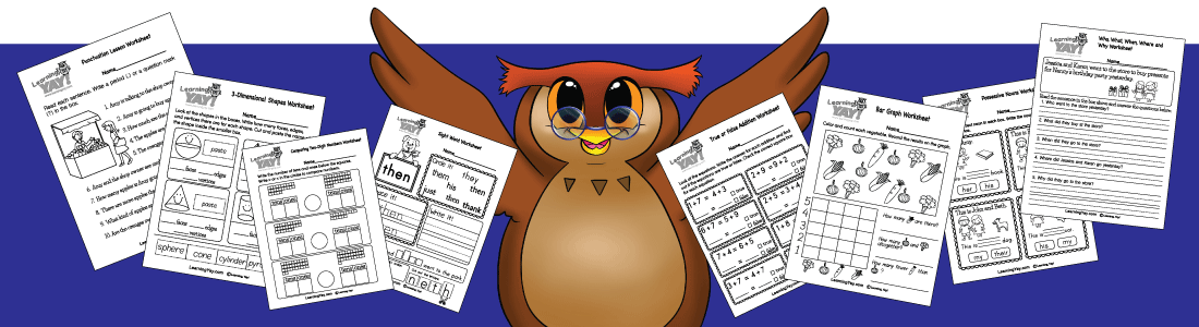 math and English worksheets surround our owl mascot